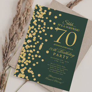 Elegant Gold Glitter Surprise 70th Birthday Green Invitation