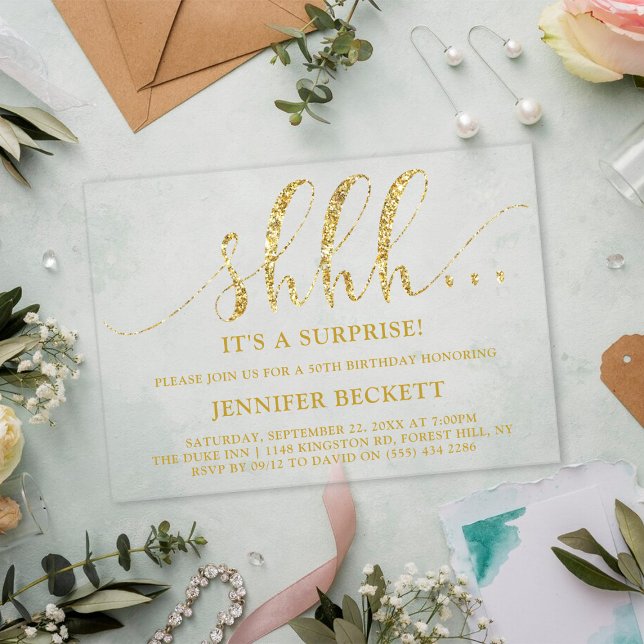 Elegant Gold Glitter Surprise Birthday Party Acrylic Invitations (Creator Uploaded)