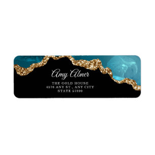 Elegant Gold Glitter Teal Agate Return Address