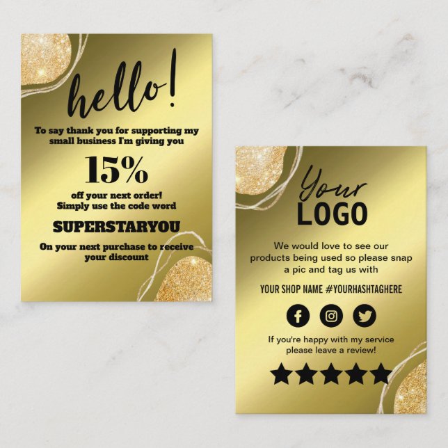 Elegant Gold Glitter Thank You Insert Card (Front/Back)