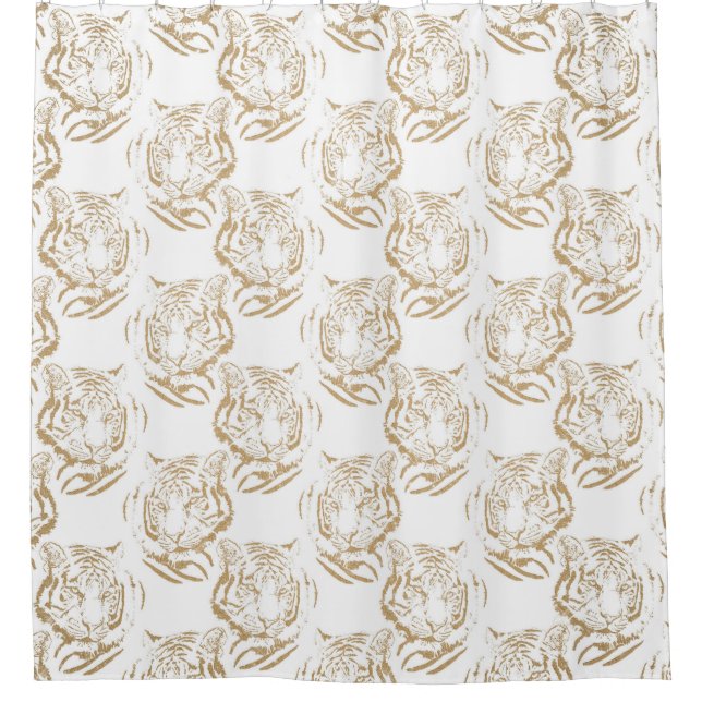 Elegant Gold Glitter Tiger Print White Design Shower Curtain (Front)