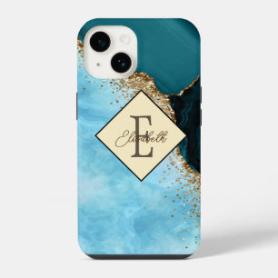 Elegant Gold Glitter Turquoise Marble Monogram iPhone 14 Case