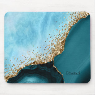 Elegant Gold Glitter Turquoise Marble Mouse Pad