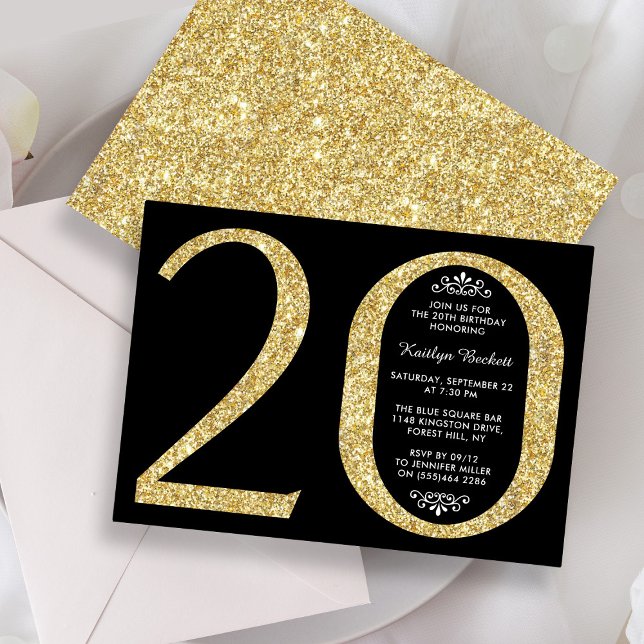 Elegant Gold Glitter Typography 20th Birthday Invitation (Creator Uploaded)