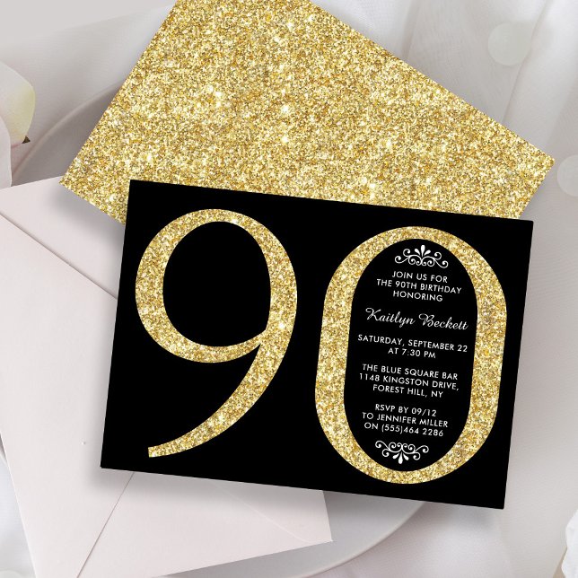 Elegant Gold Glitter Typography 90th Birthday Invitation (Creator Uploaded)