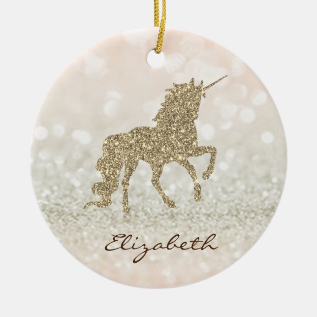 Elegant Gold Glitter Unicorn Bokeh Ceramic Tree Decoration (Front)