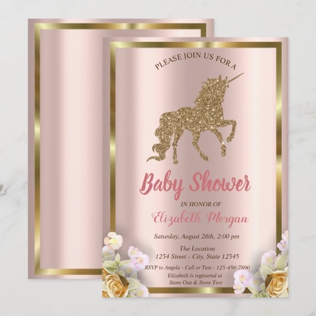 Elegant Gold Glitter Unicorn Floral Baby Shower In Invitation (Front/Back)