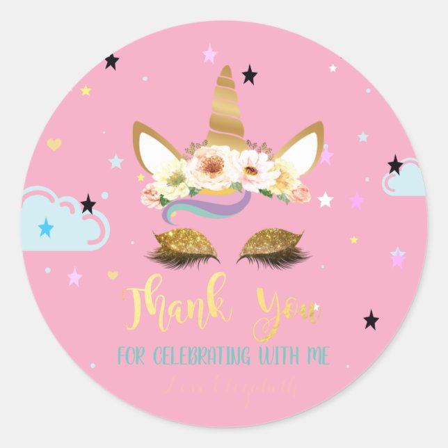 Elegant Gold Glitter Unicorn,Floral, Stars,Cloud Classic Round Sticker (Front)