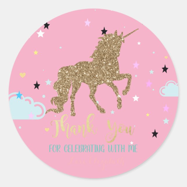 Elegant Gold Glitter Unicorn, Stars,Cloud Classic Round Sticker (Front)