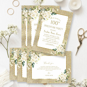 Elegant Gold Glitter White Flowers 100th Birthday  Invitation