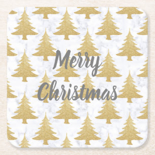 Elegant Gold Glitter & White Marble Christmas Tree Square Paper Coaster