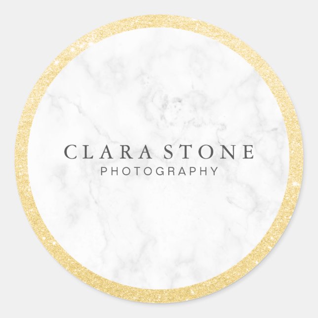 Elegant gold glitter white marble photography classic round sticker (Front)