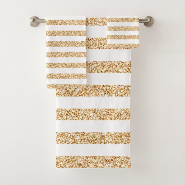 Elegant Gold Glitter White Stripe Chic Glamour Bath Towel Set (Insitu)