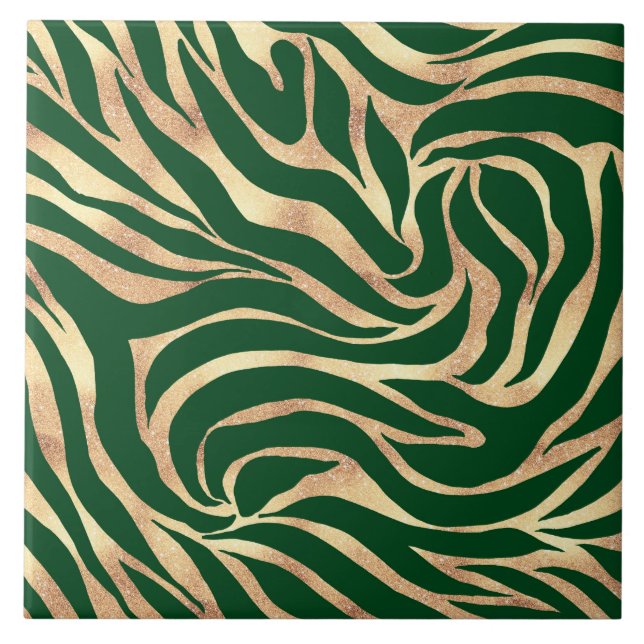 Elegant Gold Glitter Zebra Green Animal Print Tile (Front)