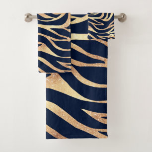 Elegant Gold Glitter Zebra Nay-Blue Animal Print Bath Towel Set