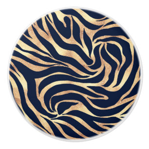 Elegant Gold Glitter Zebra Nay-Blue Animal Print Ceramic Knob
