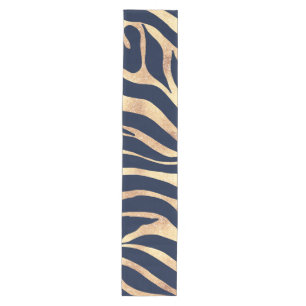 Elegant Gold Glitter Zebra Nay-Blue Animal Print Medium Table Runner
