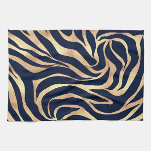 Elegant Gold Glitter Zebra Nay-Blue Animal Print Tea Towel