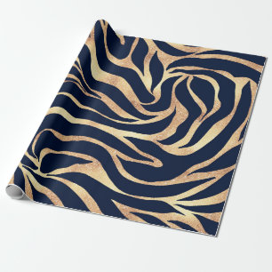 Elegant Gold Glitter Zebra Nay-Blue Animal Print Wrapping Paper