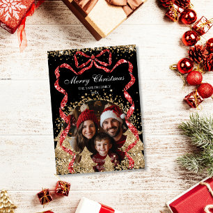 Elegant Gold GlitterRibbon Christmas Tree Photo Invitation