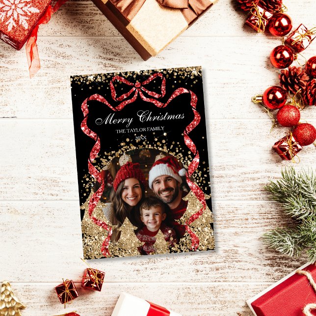 Elegant Gold GlitterRibbon Christmas Tree Photo Invitation (Creator Uploaded)