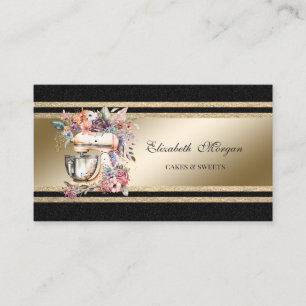 Elegant Gold Glittery Stripes Black Floral Mixer Business Card