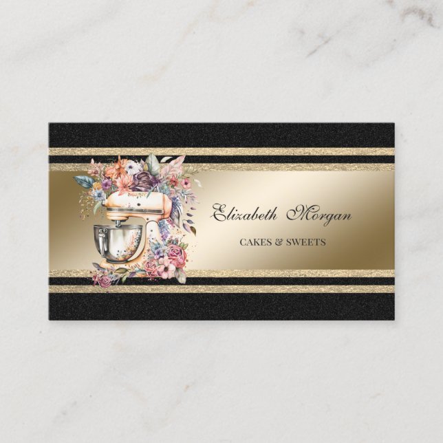 Elegant Gold Glittery Stripes Black Floral Mixer Business Card (Front)