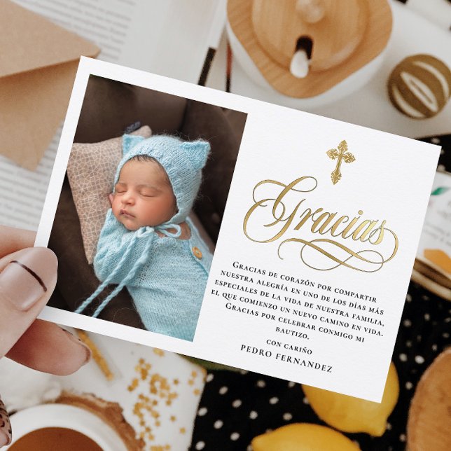 Elegant Gold Gracias Spanish Baptism Thank You Card (Creator Uploaded)