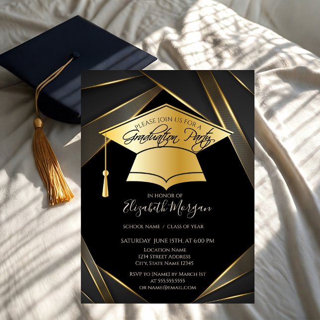 Elegant Gold Grad Cap Black Graduation  Invitation (Creator Uploaded)
