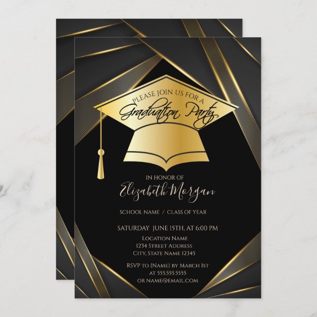 Elegant Gold Grad Cap Black Graduation  Invitation (Front/Back)