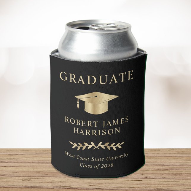 Elegant Gold Grad Cap Black Graduation Party Can Cooler (Creator Uploaded)