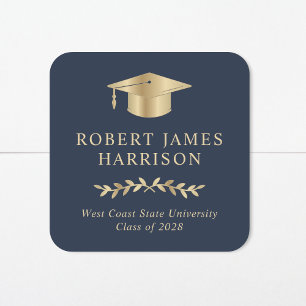 Elegant Gold Grad Cap Blue Graduation Square Sticker