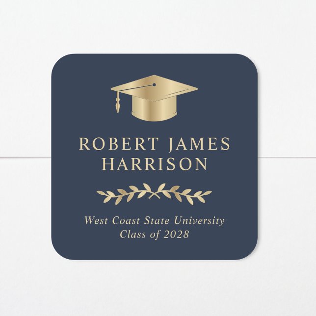 Elegant  Gold Grad Cap Blue Graduation Square Sticker (Creator Uploaded)