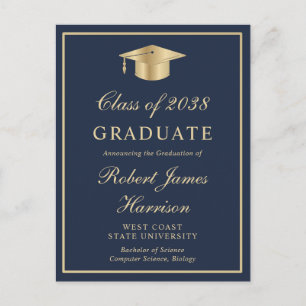 Elegant Gold Grad Cap Blue Photo Graduation Postcard