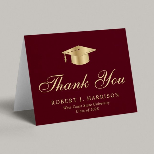 Elegant Gold Grad Cap Burgundy Red Graduation Thank You Card (Creator Uploaded)