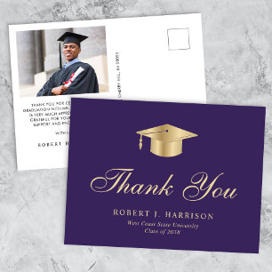 Elegant Gold Grad Cap Photo Graduation Thank You Postcard