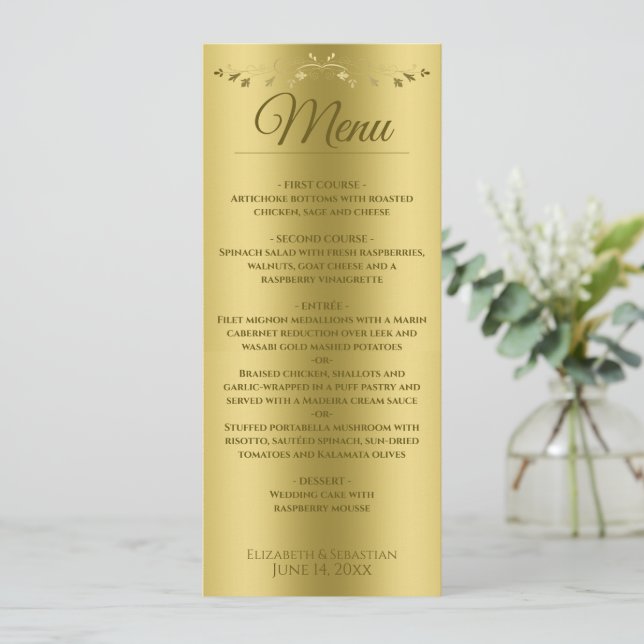 Elegant Gold Gradient & Vintage Filigree Wedding Menu (Standing Front)