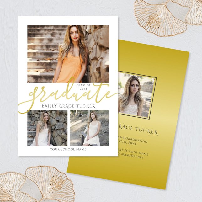 Elegant Gold Graduate 4-Photo Collage Graduation Announcement (Creator Uploaded)