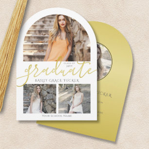 Elegant Gold Graduate 4-Photo Collage Graduation Invitation