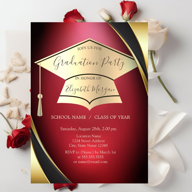 Elegant Gold Graduation Cap Frame Red Graduation Invitation (Creator Uploaded)