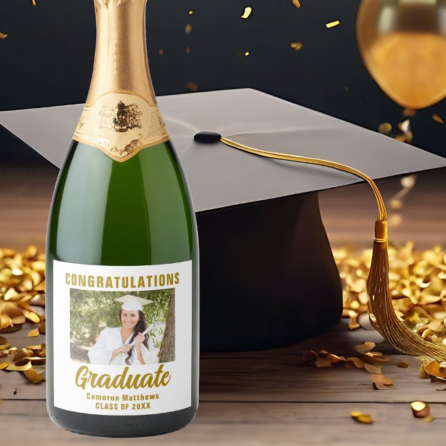 Elegant Gold Graduation Photo Custom Graduate Sparkling Wine Label (Creator Uploaded)