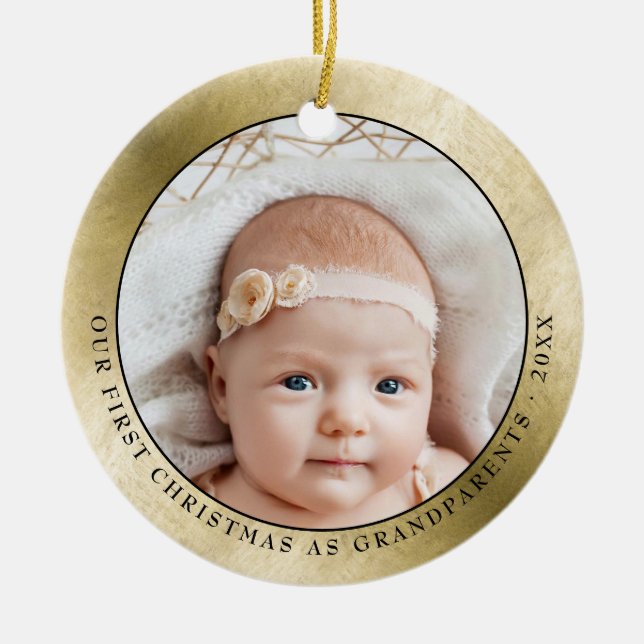 Elegant Gold Grandparents First Christmas Photo Ceramic Tree Decoration (Front)