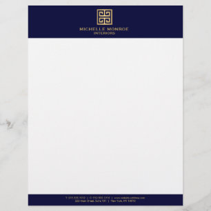 Elegant Gold Greek Key Interior Designer Dark Blue Letterhead Design