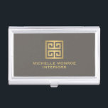 Elegant Gold Greek Key Interior Designer Taupe Business Card Holder<br><div class="desc">Coordinates with the Elegant Gold Greek Key Interior Designer Taupe Business Card Template by 1201AM. A faux metallic gold greek key emblem is combined with your name or business name for a chic logo on this personalised business card holder. © 1201AM CREATIVE</div>