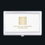 Elegant Gold Greek Key Interior Designer White Business Card Holder<br><div class="desc">Coordinates with the Elegant Gold Greek Key Interior Designer White Business Card Template by 1201AM. A faux metallic gold greek key emblem is combined with your name or business name for a chic logo on this personalised business card holder. © 1201AM CREATIVE</div>