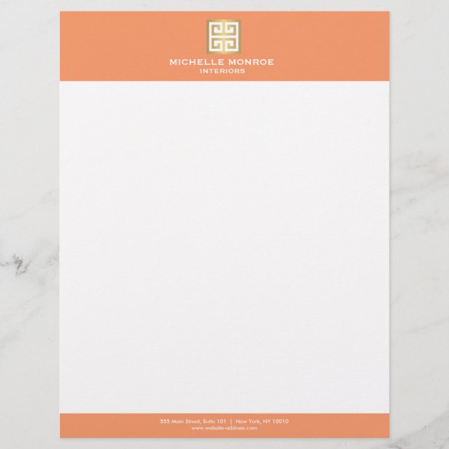 Elegant Gold Greek Key on Coral Interior Designer Personalised Letterhead (Front)