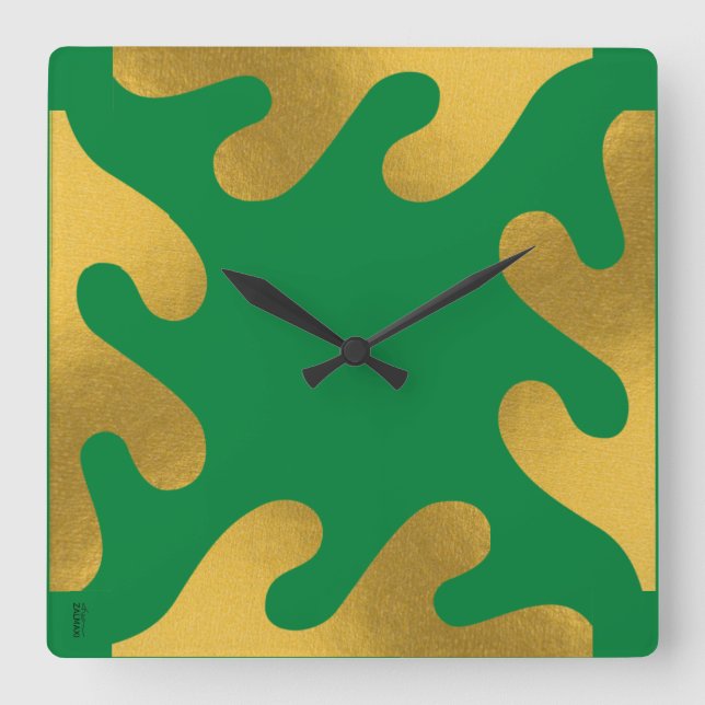 Elegant Gold Green Abstract Leaf Square Wall Clock (Front)