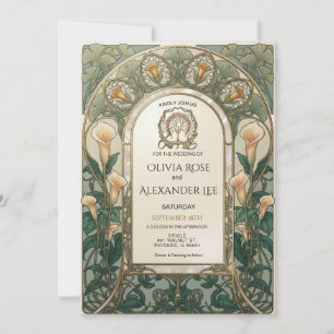 Elegant Gold & Green Art Nouveau Floral Wedding Invitation