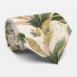 Elegant Gold & Green Botanical Leaf Pattern Tie