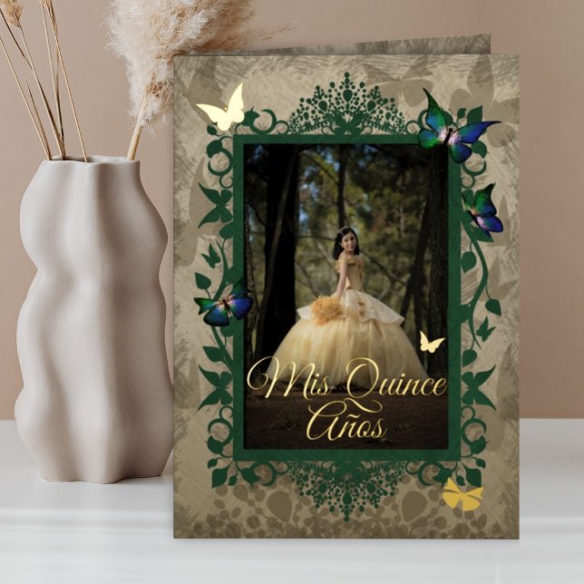 Elegant Gold Green Butterflies Quinceanera Invite Foil Greeting Card (Green and gold quinceanera invitation, fancy vines and leaves border around edge of photo)